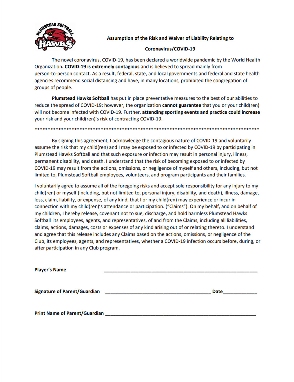 Covid Waiver Plumstead Hawks Softball Covid Waiver Plumstead Hawks Softball
